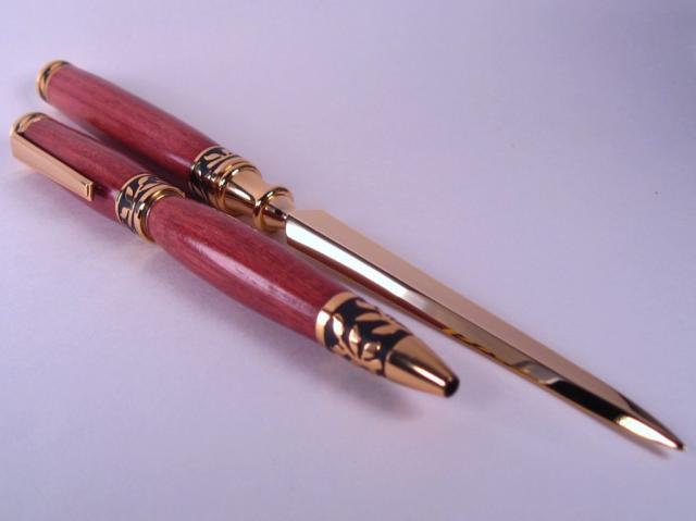 Purpleheart Gold Scuplted Pen & Letter Opener
